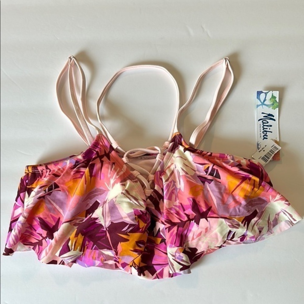 Malibu Dream Girl pink tropical ruffle swim bikini top size large NWT